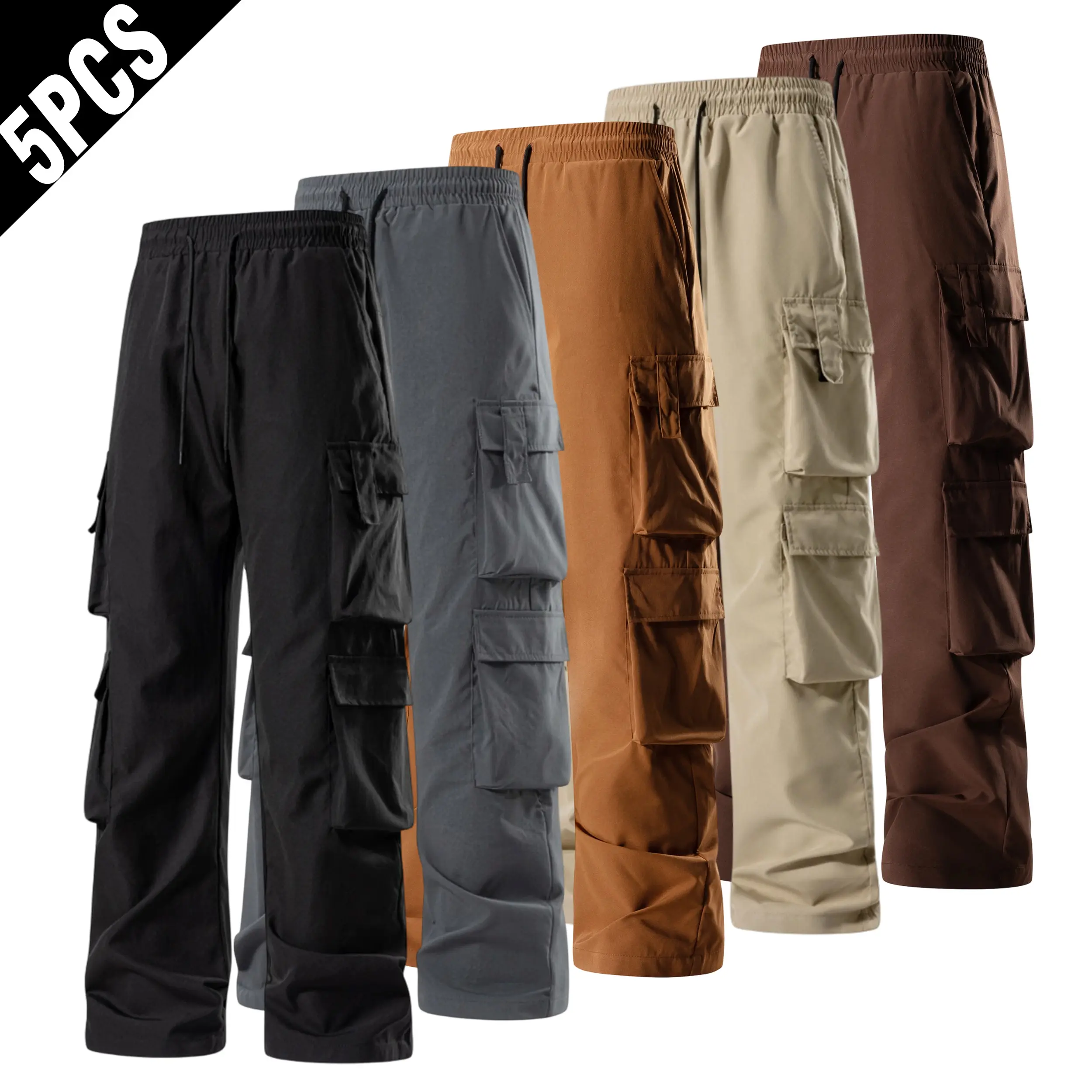 Menswear 5-Pack Multi-Color Wide Leg Cargo Pants for Men, Elastic Drawstring Waist, Multi-Flap Pockets, Loose Casual Streetwear Work Trousers