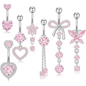 7PCS Belly Button Ring Dangle Belly Button Piercing Surgical Stainless Steel Belly Rings Cute CZ Heart Butterfly Flower Dangling Belly Piercing Jewelry for Women