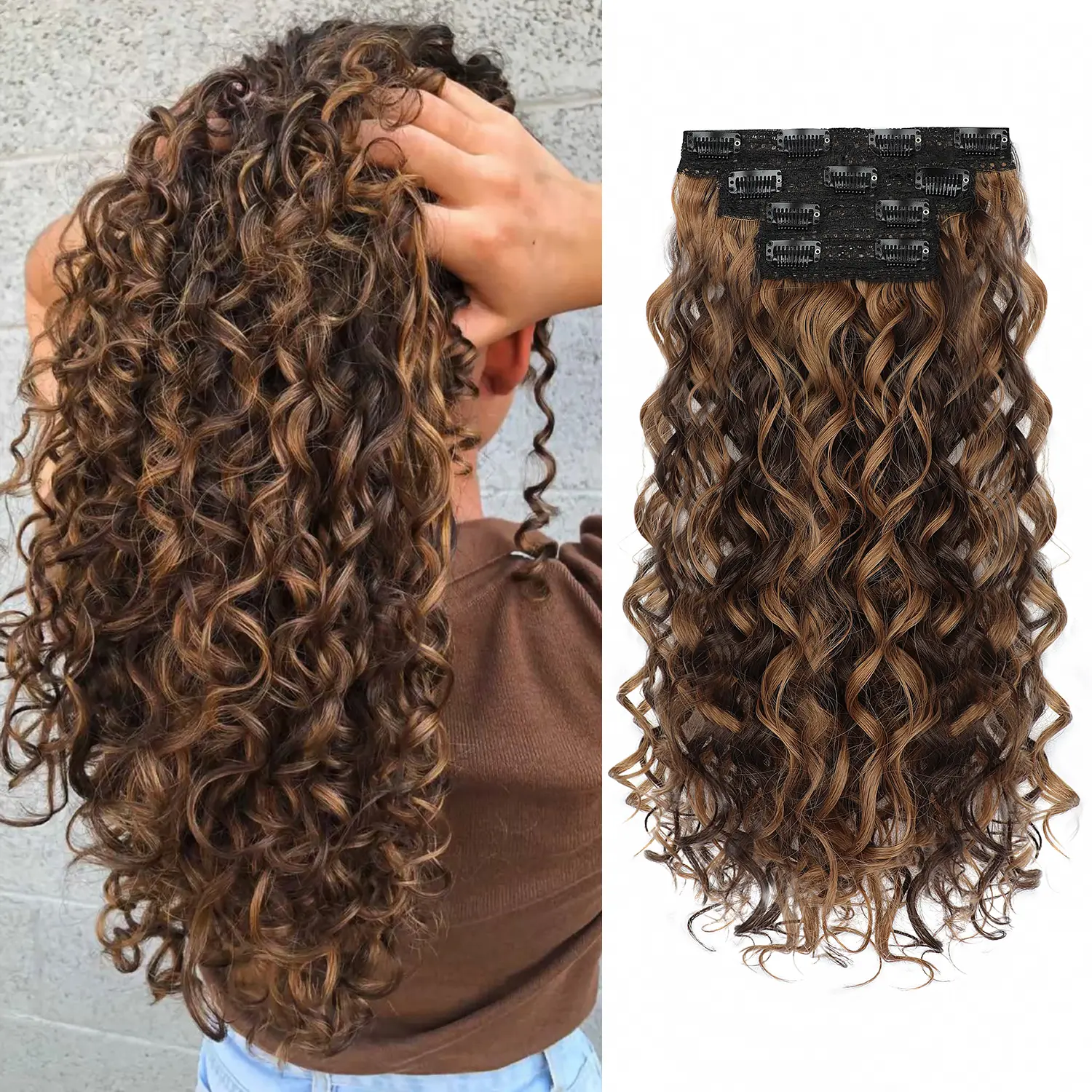 GEEOE Curly Clip In Hair Extensions,4PCS 20 inch Thick Curly Hair Extensions Lace Weft Clip Ins Invisible Natural Synthetic Hairpieces for Women