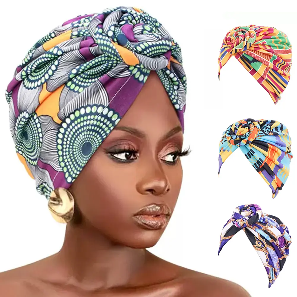 Women's 4-Pack Geometric Twisted Braid Pre-Knotted Headwraps - 1 Size Soft Polyester-Spandex Elastic Jersey Turban Beanie, Lightweight Breathable Skin-Friendly Chemo Hats for Daily Use, Female