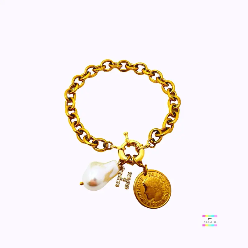 Irregular Faux Pearl Gold Pave Initial Coin Charm Bracelet / Initial Charm Bracelet / Fashion Jewelry / Gold Chunky Chain Bracelet / Charm Bracelet
