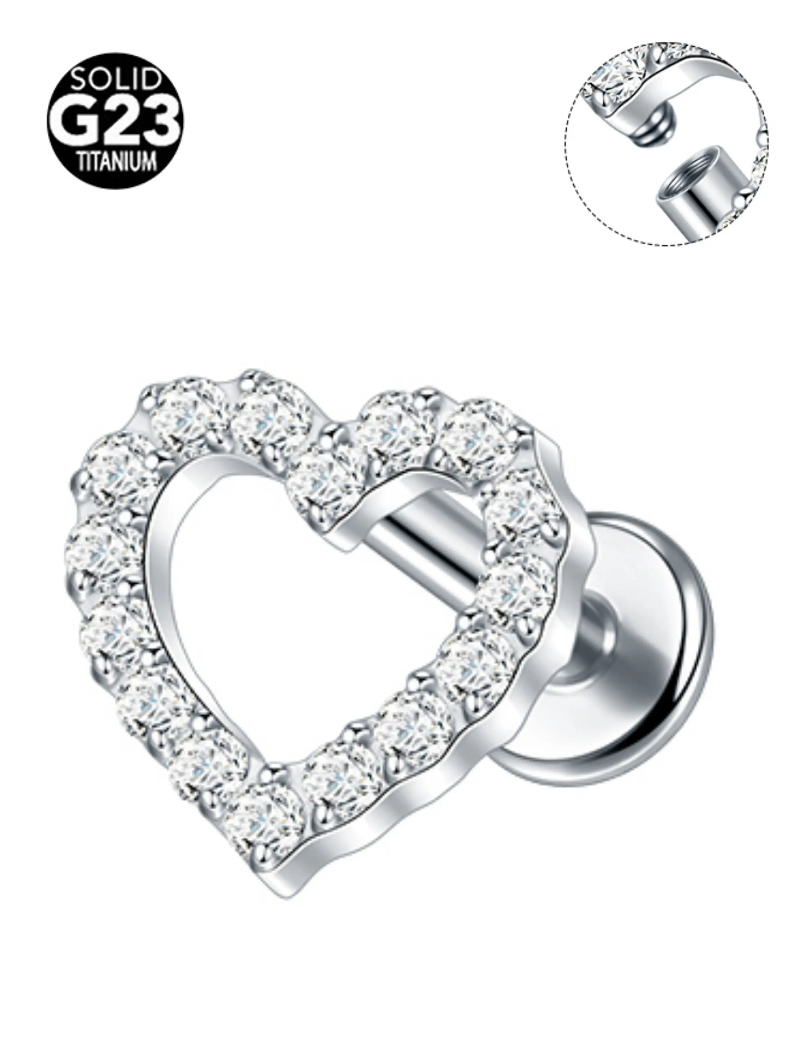 Women's Punk Style Titanium 16g/18g Cz Heart Flat Back Labret Stud Lip Cartilage Conch Helix Tragus Earlobe Body Piercing Jewelry Gift Cartilage Piercings Lip Labret Studs