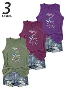 Women's  Round Neck Butterfly Printed Tank SleevelessTop, Casual Sleeveless Top for Summer, 3 Pieces Tanks Ladies Clothes for Daily Wear