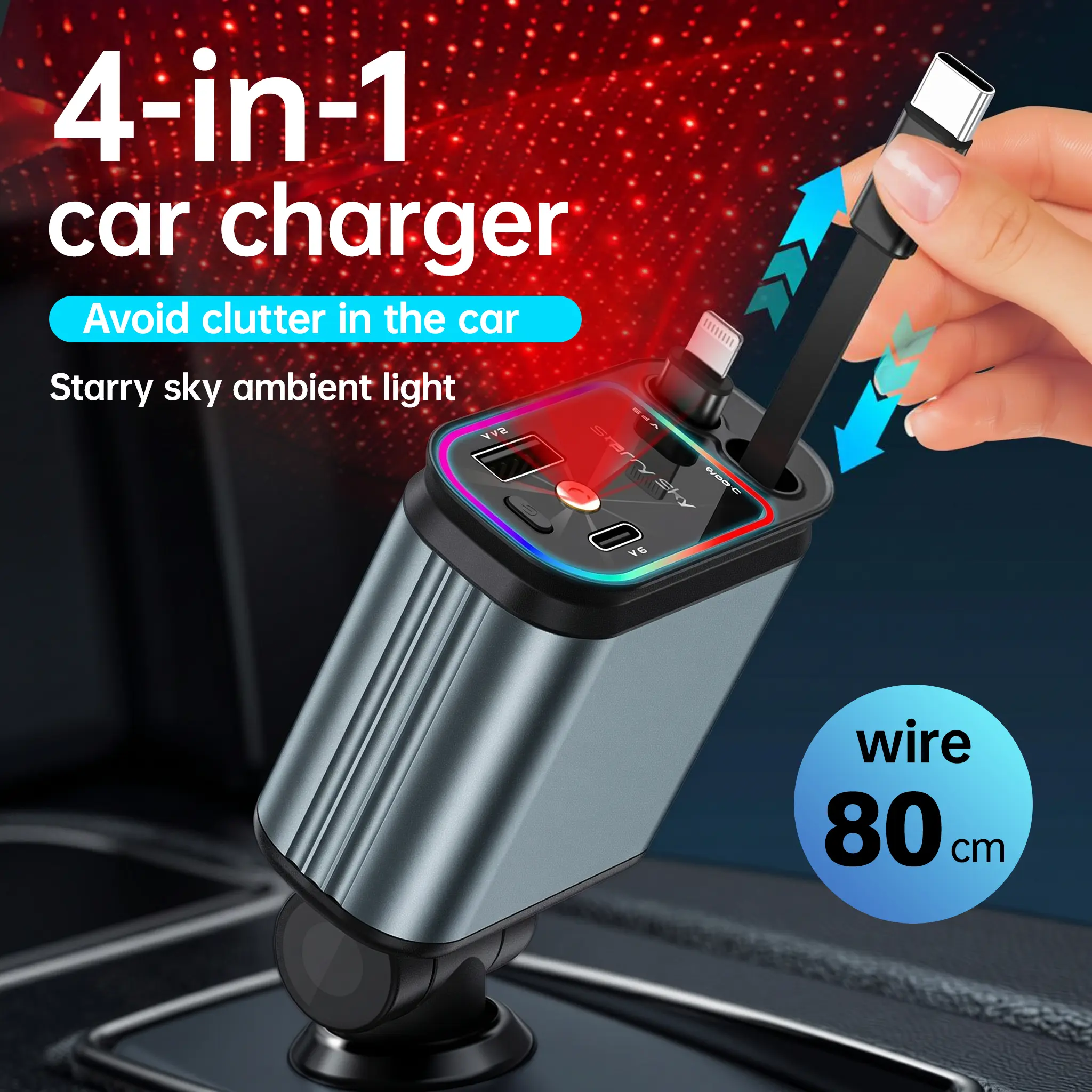4-in-1 Retractable Starlight Car Charger with Dual Type-C & Lightning Fast Charging Ports for iPhone 15/14/13 Pro Max, Samsung Galaxy S23/S22/S10, Fathers Day Gift