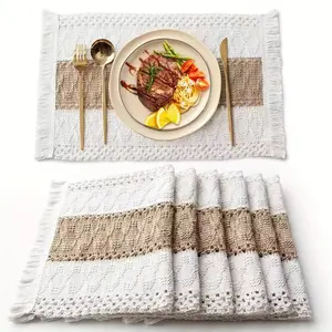 6Pcs Boho Crochet Placemats Set, Farmhouse Burlap Table Mats with Tassels, Natural Cotton Rustic Heat Insulation Table Decor, Handmade Macrame Dining Accessories, Stylish Tableware Mats for Kitchen, Dinning Room, Wedding, Holiday & Daily Home Decoration S