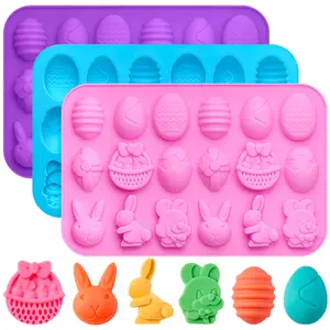 Easter Silicone Chocolate Molds - 3 Pack Egg Bunny Rabbit Basket Silicone Candy Molds for Fondant, Gummy, Jello, Cake Topper