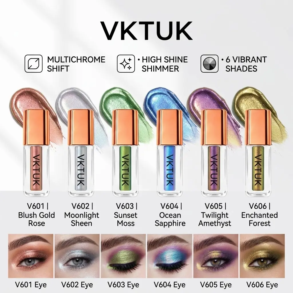 VKTUK Multi-Chrome Liquid Eyeshadow, iridescent color-shifting metallic shimmer eye makeup, smudge-proof, long-lasting (6 shades, 0.12 oz) - US stock Cosmetic Iridescent Makeup Smooth Blend Gentle Lightweight