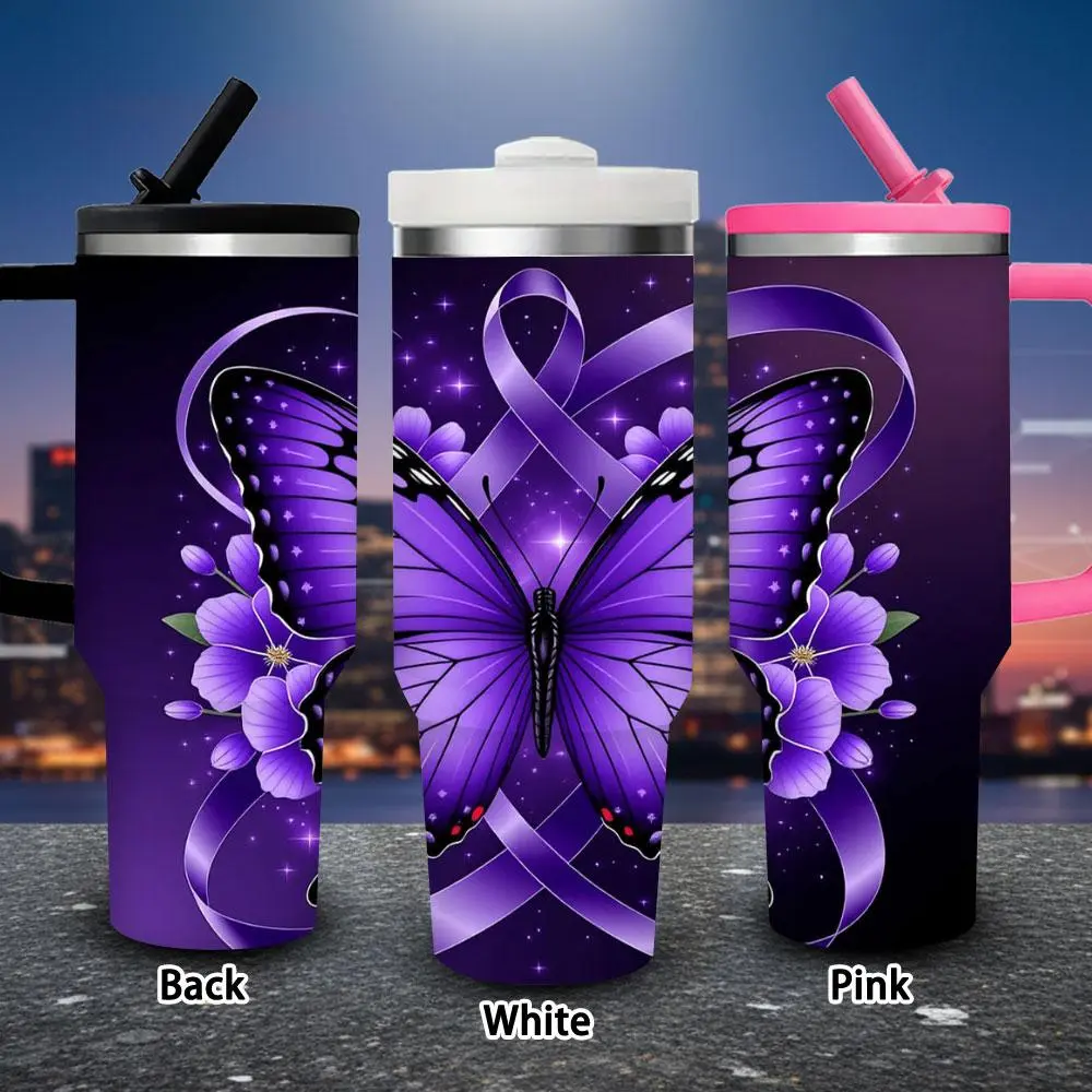 40 oz Mystical Purple Butterfly & Ribbon Artwork Vacuum Flask Tumbler (1 Pc) with Lid & Straw, Winter Insulated Travel Mug, Gift for Women, Ideal for Valentine’s Day, Iced/Hot Coffee Cup, Flasks
