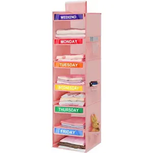 Kids' Clothing Organizer, Multi-Layer Closet Storage Bag, Foldable 6/5 Layers Wall-Mounted Rack, Weekly Day Markers Monday-Saturday, Bedroom Storage Organizer