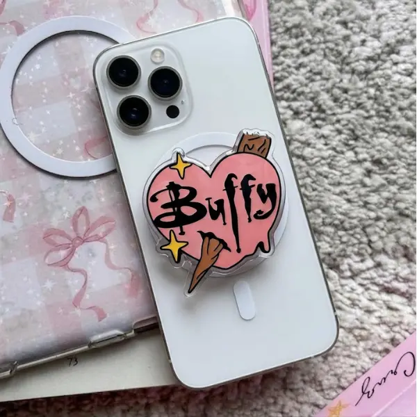 Buffy Vampire Slayer MagSafe Phone Grip, 90s Horror Aesthetic Griptok, Stake Through Heart Phone Stand, Pink Melted Heart Accessory, Nostalgic Vampire Hunter Gift