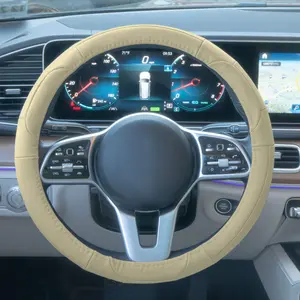 Deluxe Perforated Breathable Full Grain Genuine Leather Solid Beige Steering Wheel Cover, Car Steering Wheel Insert Accessories, Automotive Car Interior Decoration