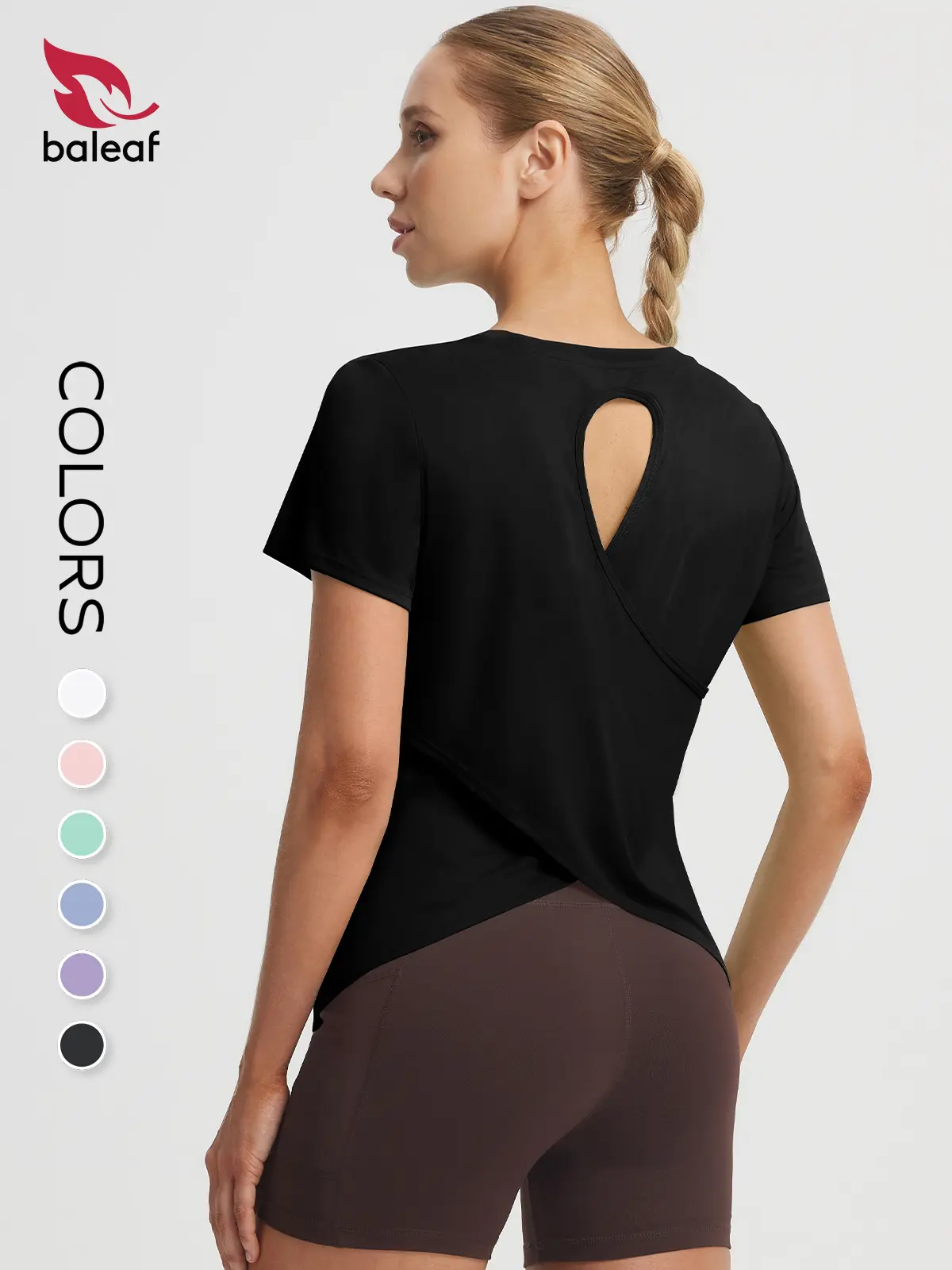 BALEAF Women's Open Cross Back Workout Top UPF 50+ Moisture Wicking Short Sleeve Athletic Shirt Lightweight Breathable Activewear Tee for Running Gym Yoga Training Walking Everyday Wear