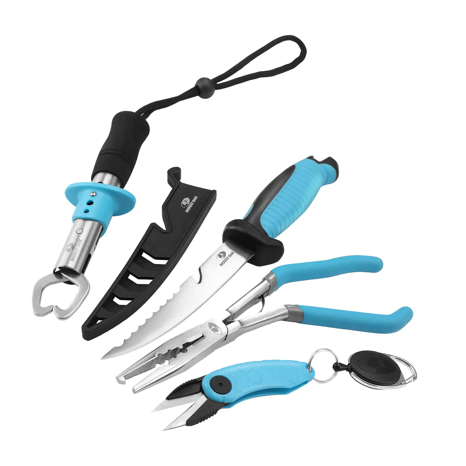 #backtoschool Mossy Oak 4-Pack Fishing Tool Kit - Pistol Grip Fishing Pliers, Fish Fillet Knife, Fishing Gripper, Line Snip, Fly Fishing Retractor with Retractable Lanyard