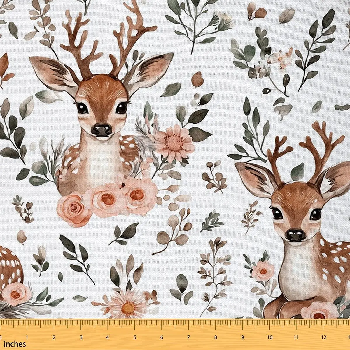 Lovely Deer Fabric Retro Pink Rose Green Gray Leaves Sewing Supplies Watercolor Cute Wild Animal Rustic Style Fabric DIY Soft Flannel Polyester No Stretch