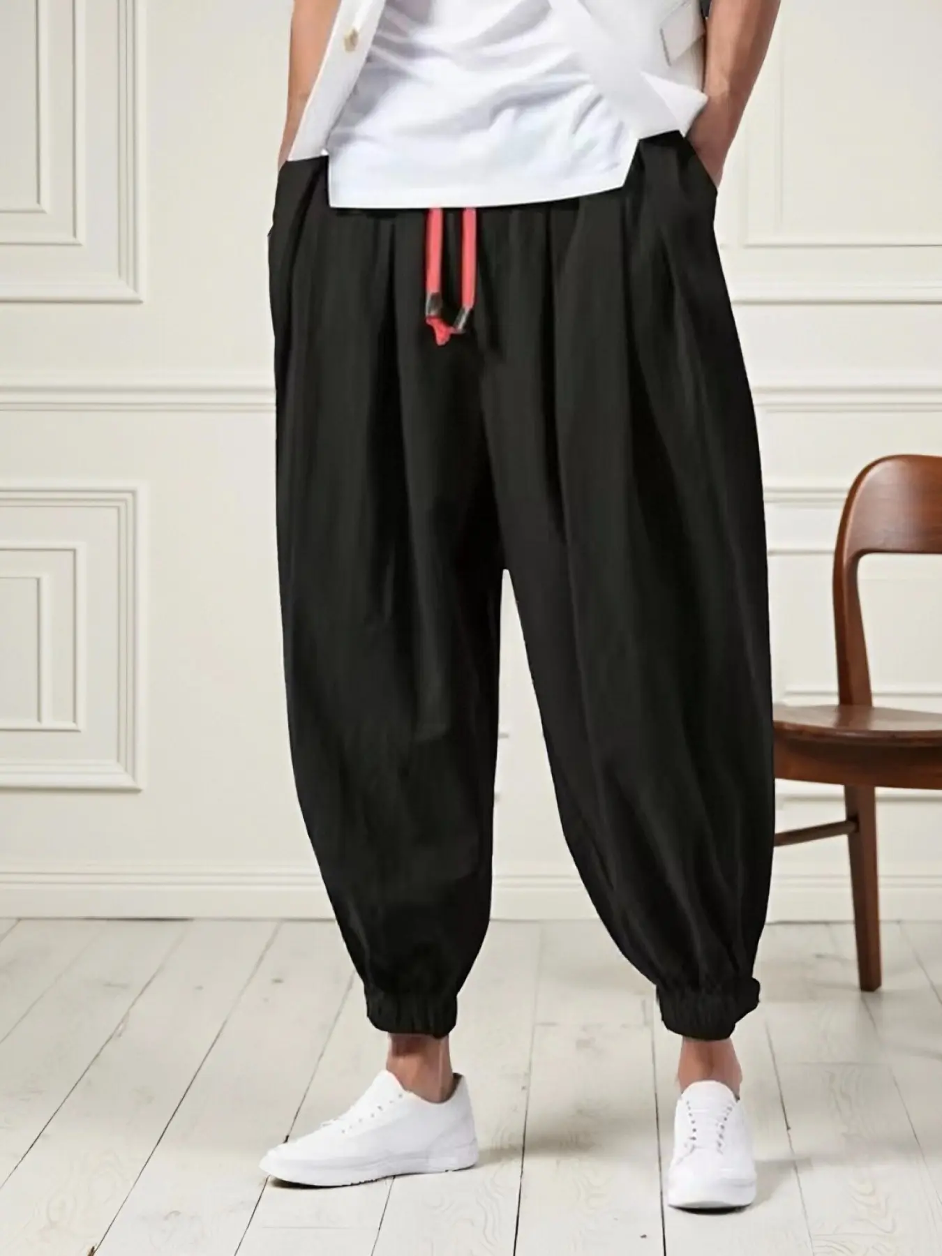 Men's simple and casual pants, loose and sporty long pants, solid-color lantern pants style, suitable for comfortable daily wear, Casual fashion loose, Casual Outdoor Pants, Casual Pocket Trousers, Casual Plain Pocket