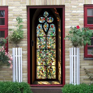 2pcs Stained Glass Window Wall Decal Church Style Religious Art Decorative Sticker Self Adhesive Removable Window Cling for Living Room Bedroom Home Decor Floral Wall Decals