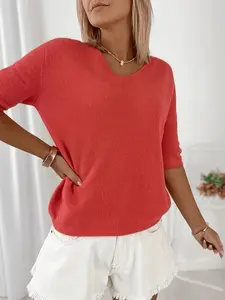 2026 Spring/summer New European and American Style Loose V-Neck Women's Sweater, Soft and Comfortable Fabric, Casual Half Sleeve Top