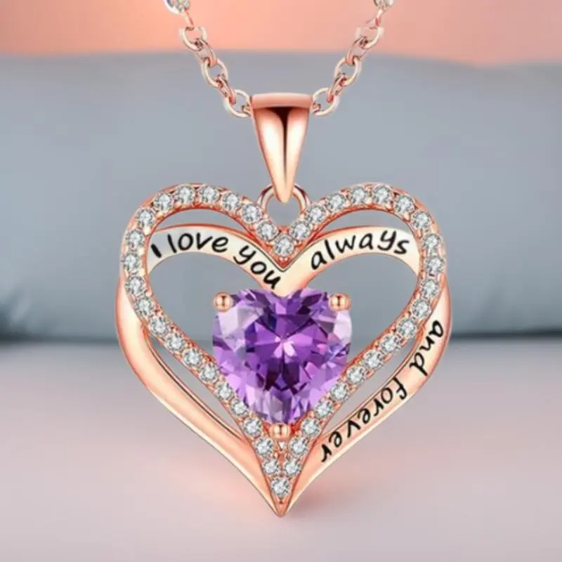 Purple Heart Necklace for Women, Rose Gold Pendant with Sparkling Crystal, I Love You Always and Forever , Romantic Anniversary Birthday Valentine’s Day Gift for Wife Girlfriend Mom, Elegant Love Heart Gemstone Chain Necklace Gifts