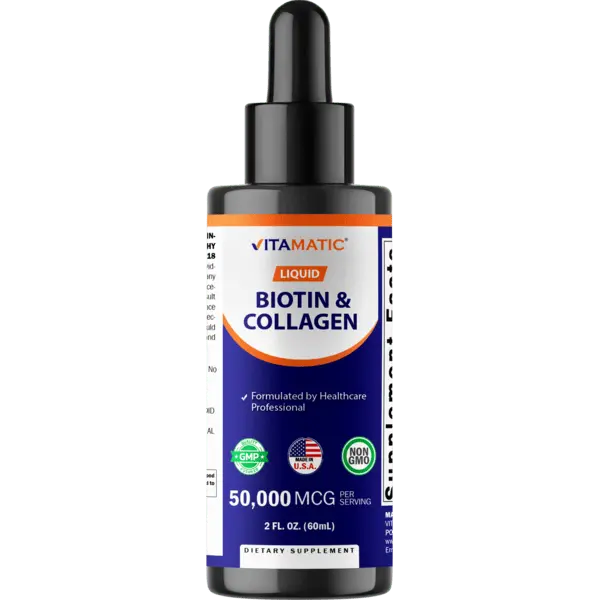Vitamatic High Biotin Liquid Biotin & Beauty Collagen Dietary Supplement Drops - 50000 mcg, 2 fl oz, Glycerin-Infused, Sugar Free, Prop 65 Safe - Supports Hair Skin Nails, Healthcare, Body Health for Adults, Contains 50,000 Mcg, Natural Ingredients