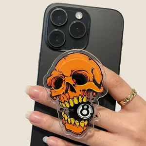 Orange Skull Biting 8 Billiard Ball Phone Grip, Horror Aesthetic Magnetic Phone Holder, Kawaii Scary Fan Gift , Kindle Accessories sticky Baby mount Library Card Flower-Shaped Multi-Functional Stand Universal Car Double-Sided Octo Adjustable Portable