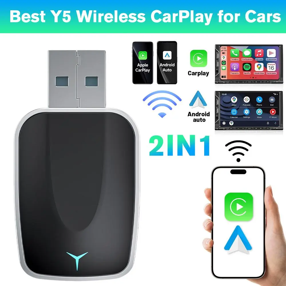 【BackToSchool】Y5 Compact Wireless CarPlay & Android Auto 2-in-1 Adapter - 5G WiFi Dongle, Wire-to-Wireless Converter, Plug-and-Play Auto-Connect Car Electronics Accessory