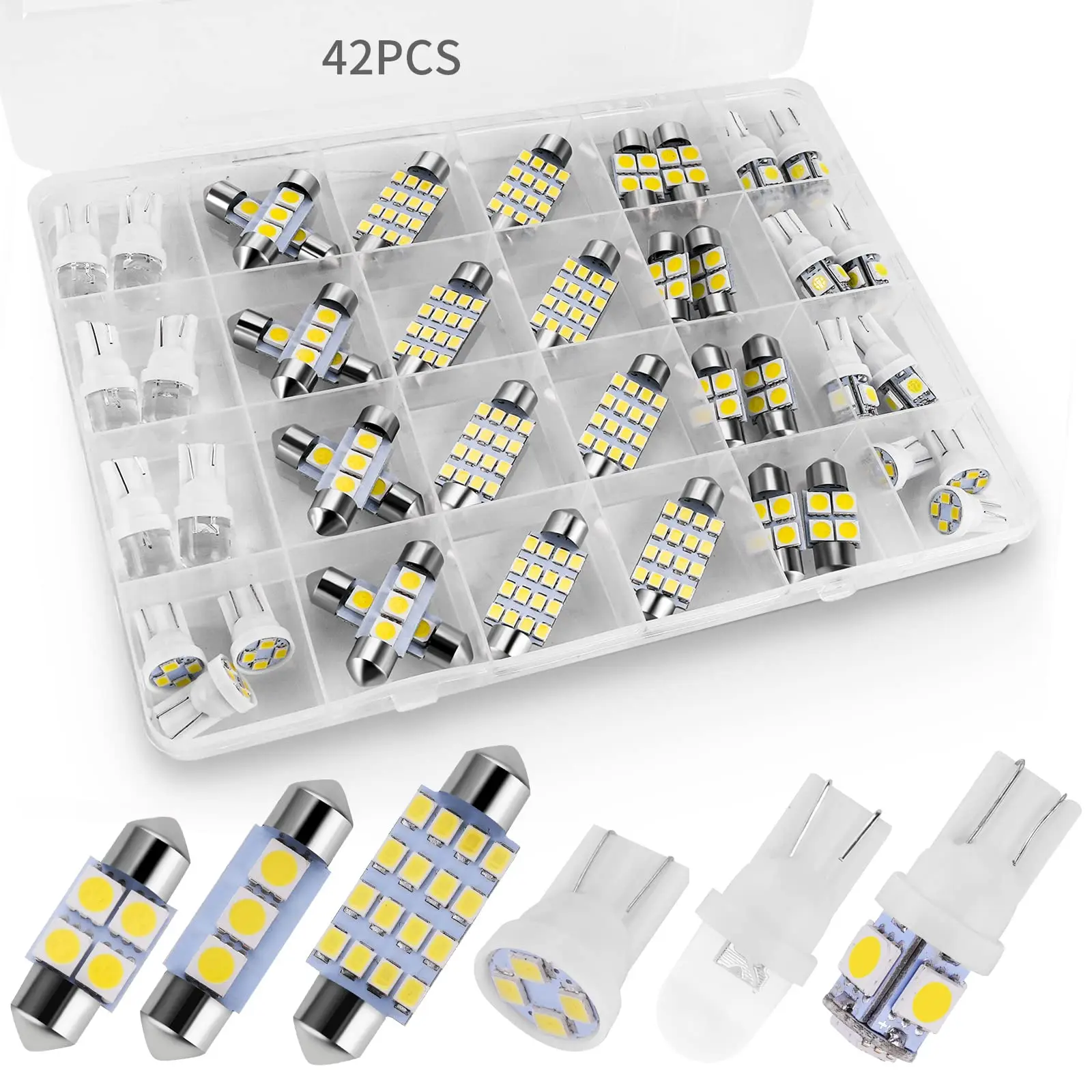 42-Piece Multi-Size Interior Car Ambient Lighting Kit, Plug-In Easy High Lumen White Bulbs - T10/DE3175, 31mm, 41mm, 194 LED for Trucks’ Dome, Map, Tail, Cab, Width Lamps