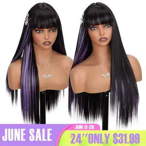 Summervibes Natural Black Long Straight Synthetic Wig with Bangs – Realistic Glueless Wear & Go Wig for Women middle part straight wig, Soft & Silky Hair for Daily Wear & Parties purple wig well wigs