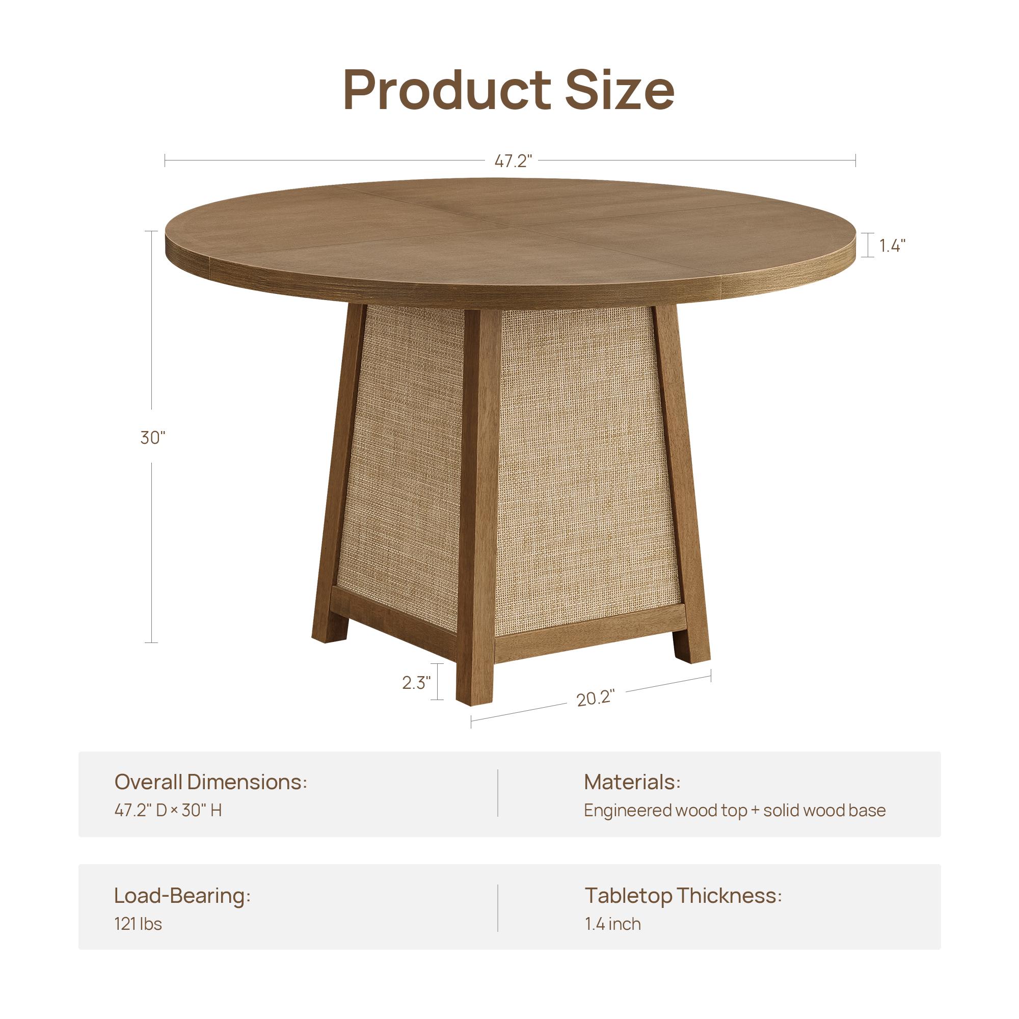 SICOATS Farmhouse Dining Table Set, 5-Piece Round Kitchen Table for 4 with Rattan Detail & Upholstered Chairs, 47 Inch Solid Wood Dining Set in Oak, Modern Cottage Style