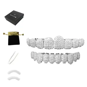 MAYLOR Silver Diamond Grillz for Teeth – 18K Gold Iced Out Set Plated Iced out  Rapper Costume Extra Molding Bars，Diamond Iced Look，Grillz for Teeth with Molding Bars – Diamond Iced Look ，Rapper Style Grillz for Men & Women– Hip Hop Bling for Party