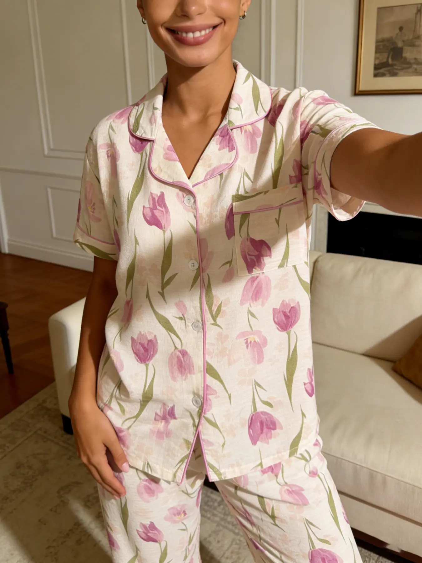 Women's Short Sleeve Long Pants Pajama Set, Tulip Flower All over Print, Floral, Casual Home Wear, Two-Piece, Nightwear, Loungewear, Homewear, Aesthetic, Pjs, Womenswear