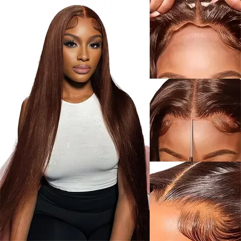 28" Silky Straight Chocolate Brown Glueless Human Hair Wig - 4×7 Lace, Pre-Plucked Baby Hair, Natural Looking, Breathable & Tangle-Free, YMSGIRL Hair