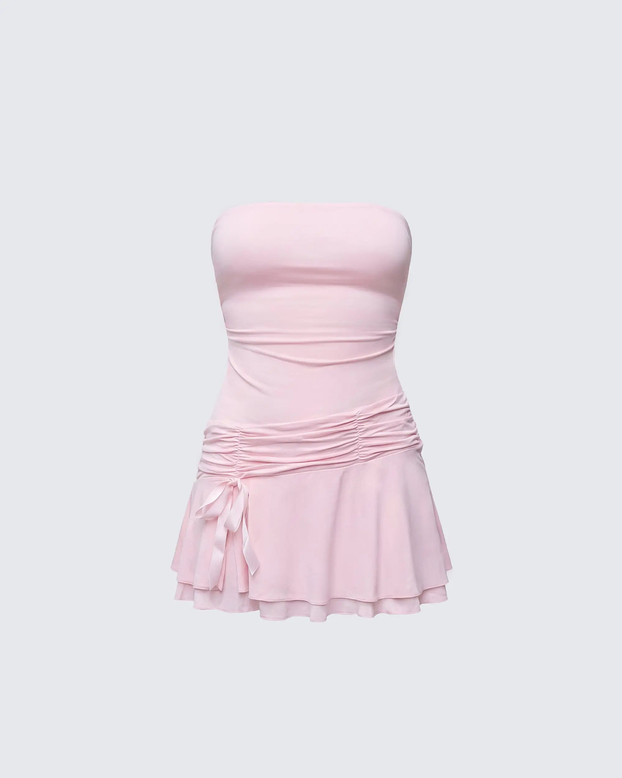 Women's Cute Asymmetrical Ruffle Spandex Jersey Bodycon Mini Dress - Sleeveless, Strapless Option, Bow Accent, Shirred Hem, Ruched, Fit, Girly Style, Blush Pink, Casual Wear, Birthday Outfit, XS/M Sizes