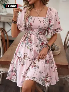 Women's Floral Print Ruffle Hem Shirred Slim Woven A Line Dress, Casual  Boho Romantic Flounce Sleeve Square Neck Short Dress for Beach Vacation, Ladies Summer Clothes