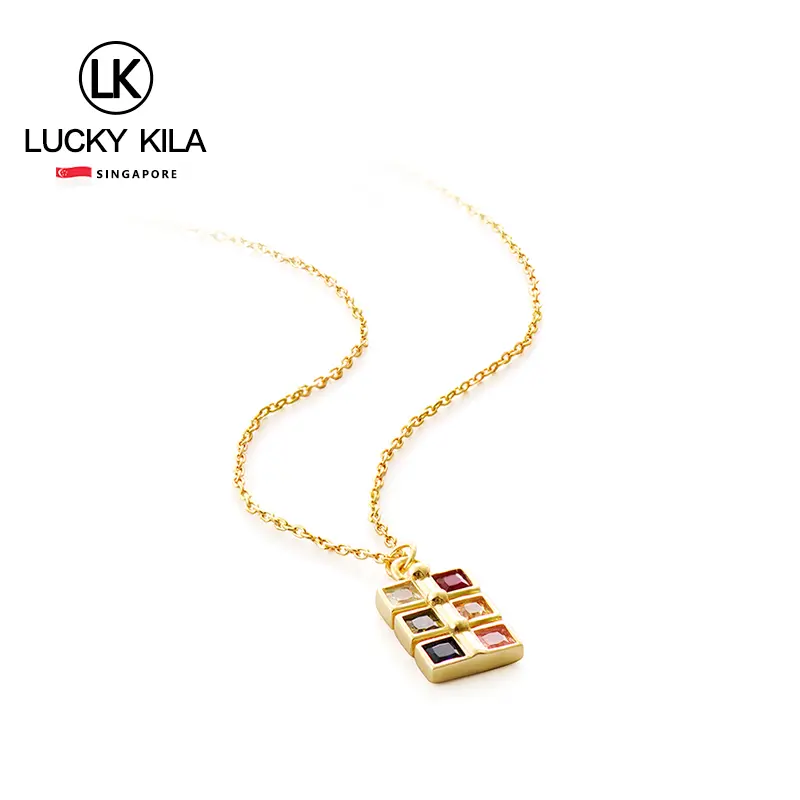 [Singapore LUCKY KILA] S925 silver Gold Rectangle Pendant Necklace for Women, Multi-Color Princess Cut Gemstone Bar Chain, Colorful CZ Crystal Geometric Jewelry, Birthday Gift