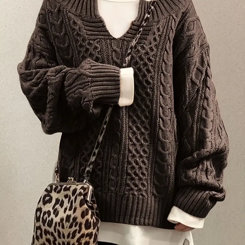 Women's Textured Drop Shoulder Notched Sweater Knitwear, Casual Long Sleeve Jumper for Fall & Winter, Women's Clothing for Daily Wear