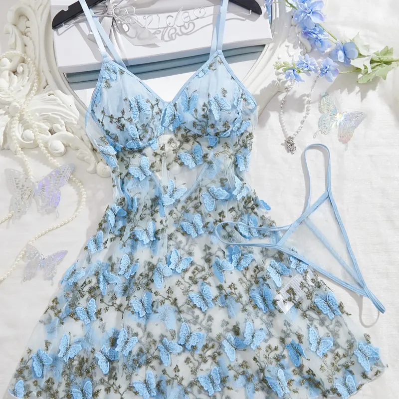 Sensual Set: Soft Stretch Intimates Fit Spaghetti Strap Breathable Lace Bralette & Butterfly Embroidery - Your New Favorite Sleepwear! 🌙✨ #ComfyLingerie Underwear Breathable Fabric Lingerie