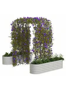 【Christmas Gift】Beige - Galvanized Steel Raised Garden Bed Kit With 89" Rust-Proofs Trellis Arch - 2 In 1 Vertical Gardening System For Climbing Plants & Flowers | Heavys-Duty Outdoor Planter Box Tool-Free Assembly(Beige)