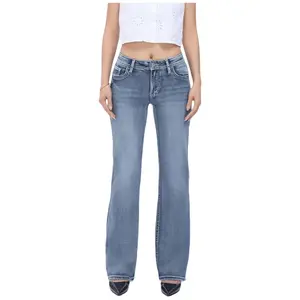 BlueMoment Crossella Western Mid Waist Straight Leg Jeans  Stretchy Tummy Control Bootcut Denim with Cross Wings Embroidery Cowgirl Style Retro BBL