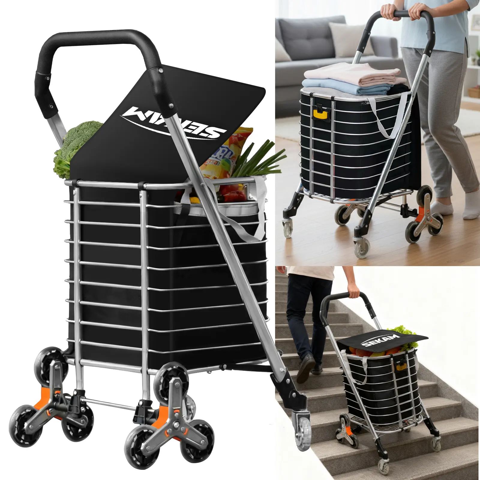 SEKAM Collapsible Compact Fold Wagon - Heavy-Duty Tri-Wheel Climb Stair Climber Trolley with 360° Swivel Wheels, Rolling Cart for Seniors, Shopping, Foldable Wagon Cart, Flat Folding Wagon, Multifunctional Folding Cart,back to school,back to school haul