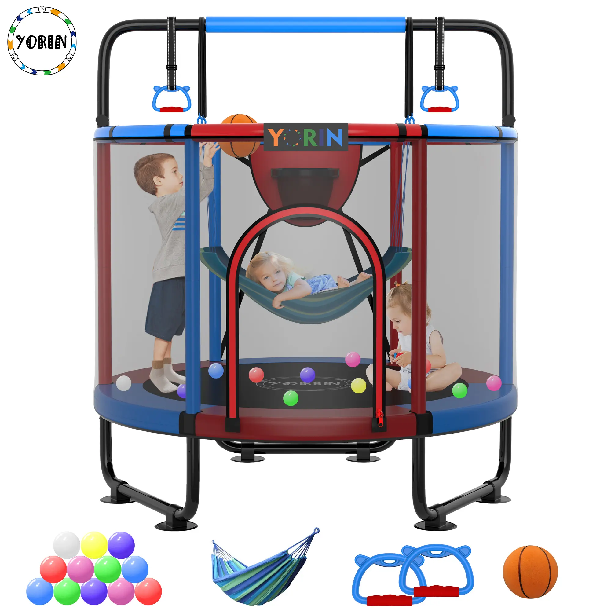 YORIN 55-Inch Reinforced Thickened Toddler Recreational Trampoline, Kids Toys Bounce Set with Galvanized Steel Frame, PP Pad, Enclosure Net, Adjustable Swing & Gymnastics Bar for Indoor-Outdoor Play