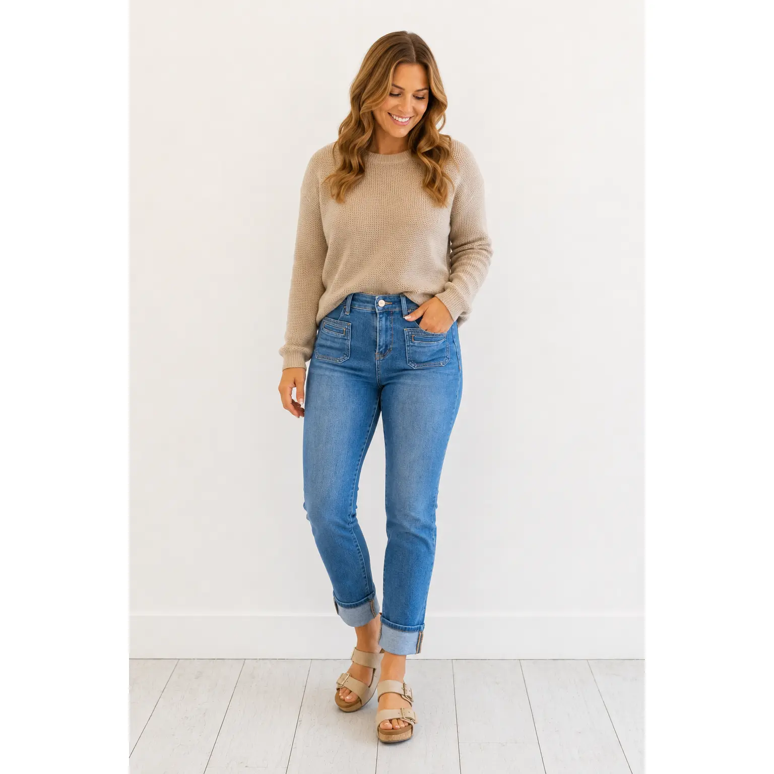 Women's High Rise Straight Leg Jeans – Rolled Hem Cuffed Denim with Front Patch Pockets, Classic Blue Wash