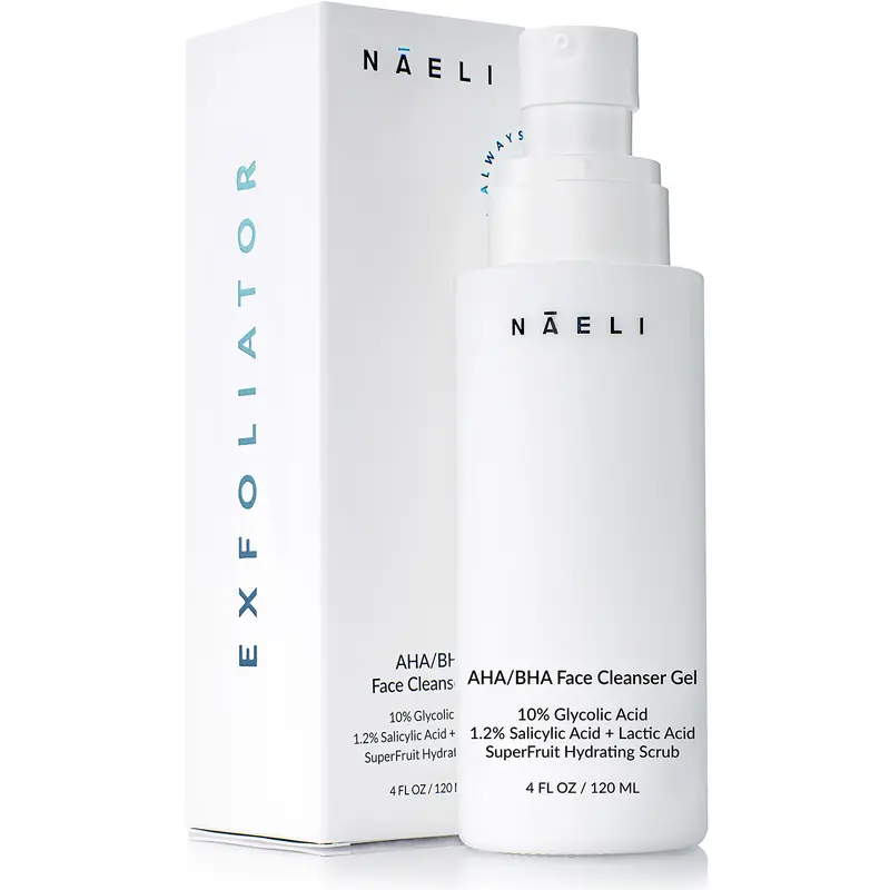 NAELI AHA / BHA Exfoliating Face Wash - 10% Glycolic Acid & Salicylic Acid Cleanser, Anti Aging Acne & Wrinkle Reducing Facial Exfoliant, 4 oz