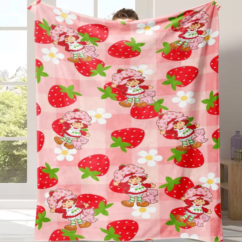 Strawberry Shortcake Pink Gingham Plaid Strawberry Daisy Print Fleece Throw Blanket, Ultra Soft Cozy Vintage Cartoon Blanket For Bed Sofa Nursery Travel, Great Birthday Xmas Gift For Girls Toddlers Shortcake Fans, Nursery Room, Bed, Sofa, Travel, Fleece F