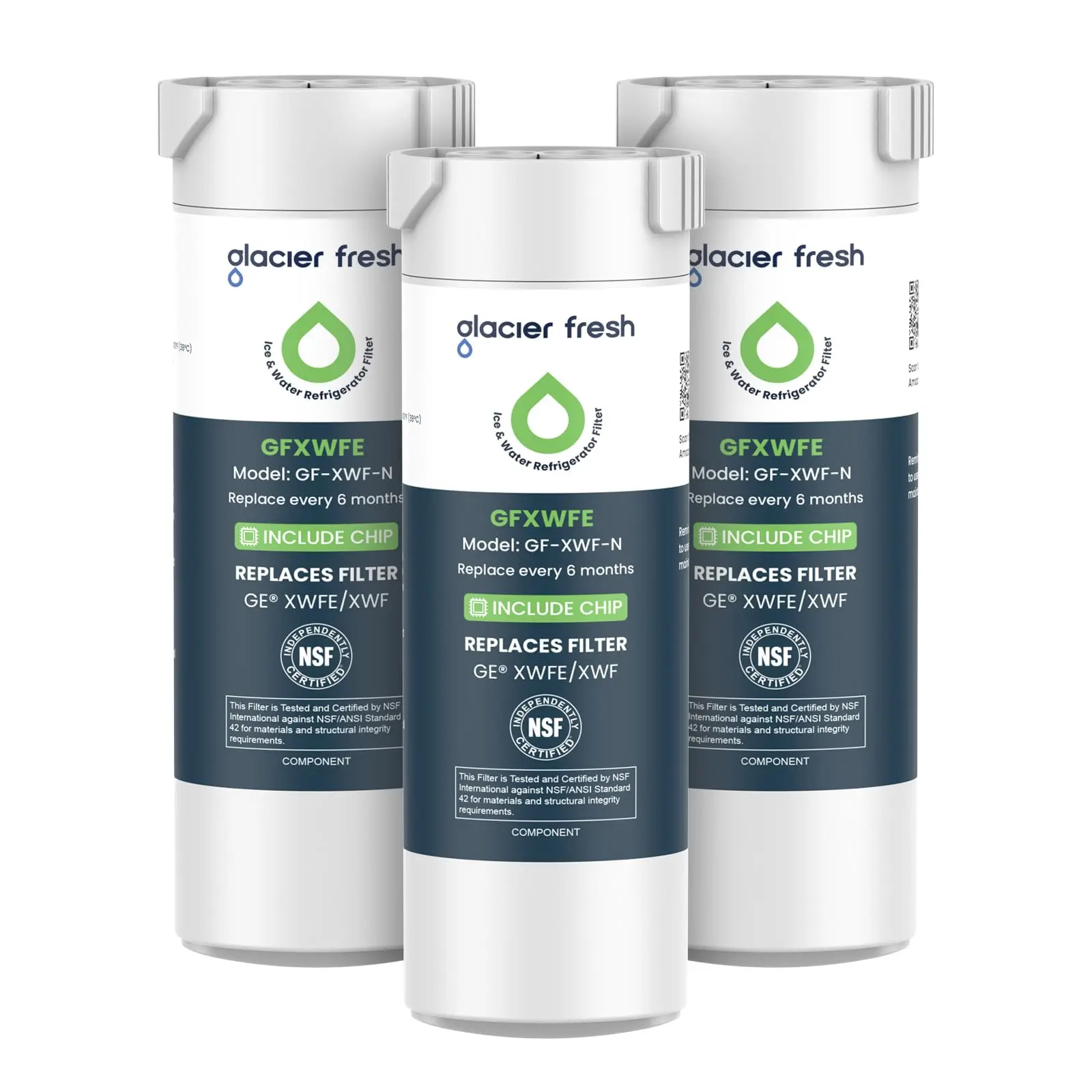 GLACIER FRESH Water Filter Compatible with XWFE (Built-in CHIP), Replacement for GE XWFE, XWF Refrigerator Water Filter NSF/ANSI 42 Certification