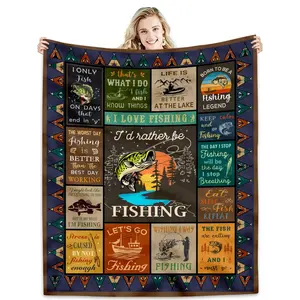 Vintage Fishing Theme Blanket, Soft Comfortable Flannel Sofa Bed Cover, Ideal Gift for Fishing Enthusiasts, Warm Flannel Throw for All Seasons