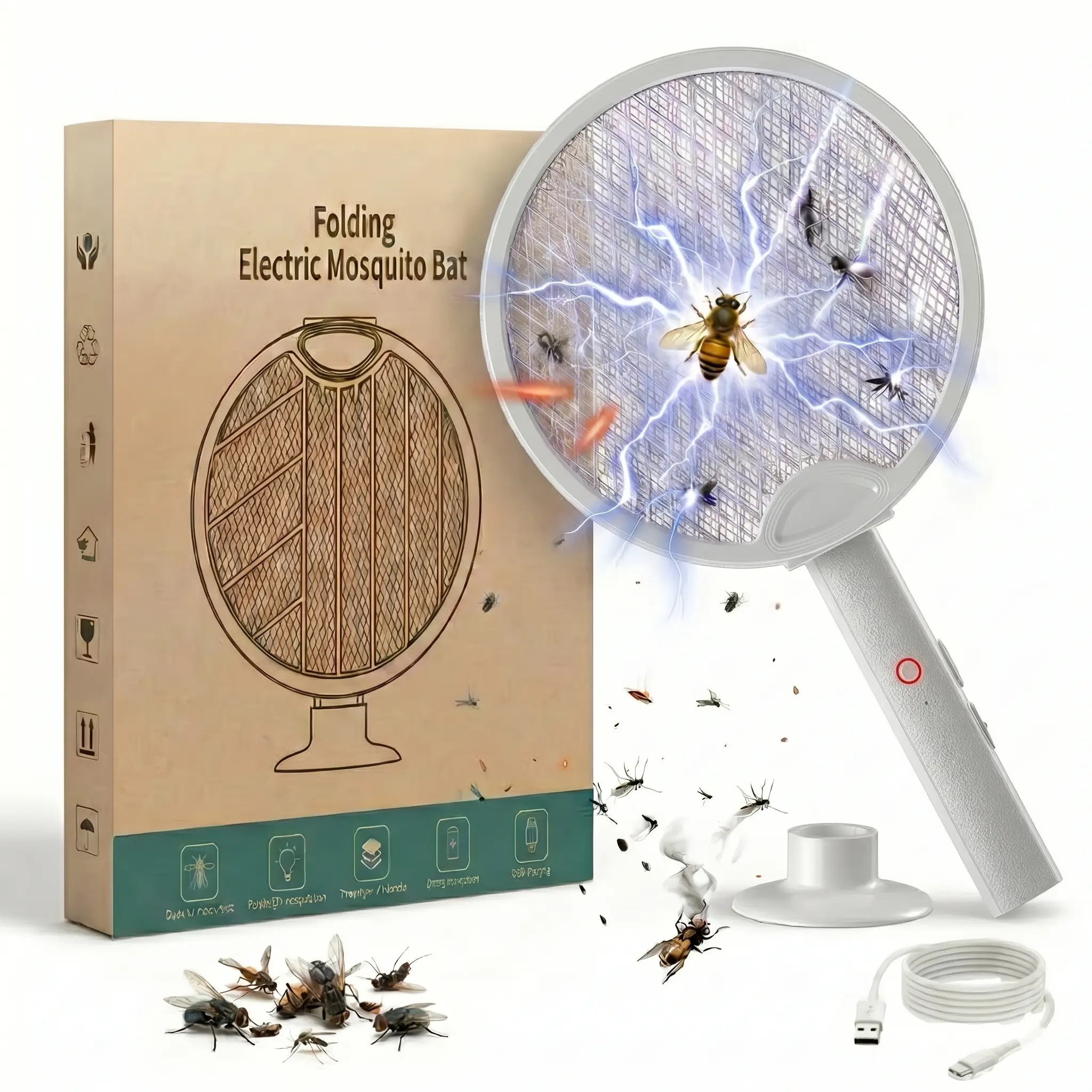 Portable Folding Cordless Electric Fly Swatter Racket - Camping Mosquito Zapper, Outdoor Mosquito Killer, Household Electronic Insect Killer, Compact, USB Rechargeable Base, 3-Layer Mesh, Safe Touch, Instant Kill, Batteries Included (Indoor/Outdoor Use),