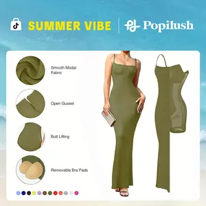 Popilush  Modal Built-in Shapewear Maxi Dress for Women - Sleeveless Spaghetti Strap Backless Slimming Dress for Cocktail Party Basic Minimalist Elegant Outfits