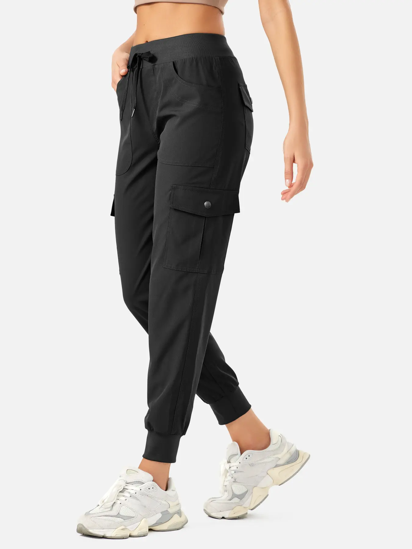 Women's Lightweight Polyester Long Jogger Pants - Drawstring Waist, Button Flap Cargo Pockets, Sporty Design - Female Clothes for Hiking Trips, Outdoor Travel, Casual Wear all-season fitness loose-fitting sweatpants