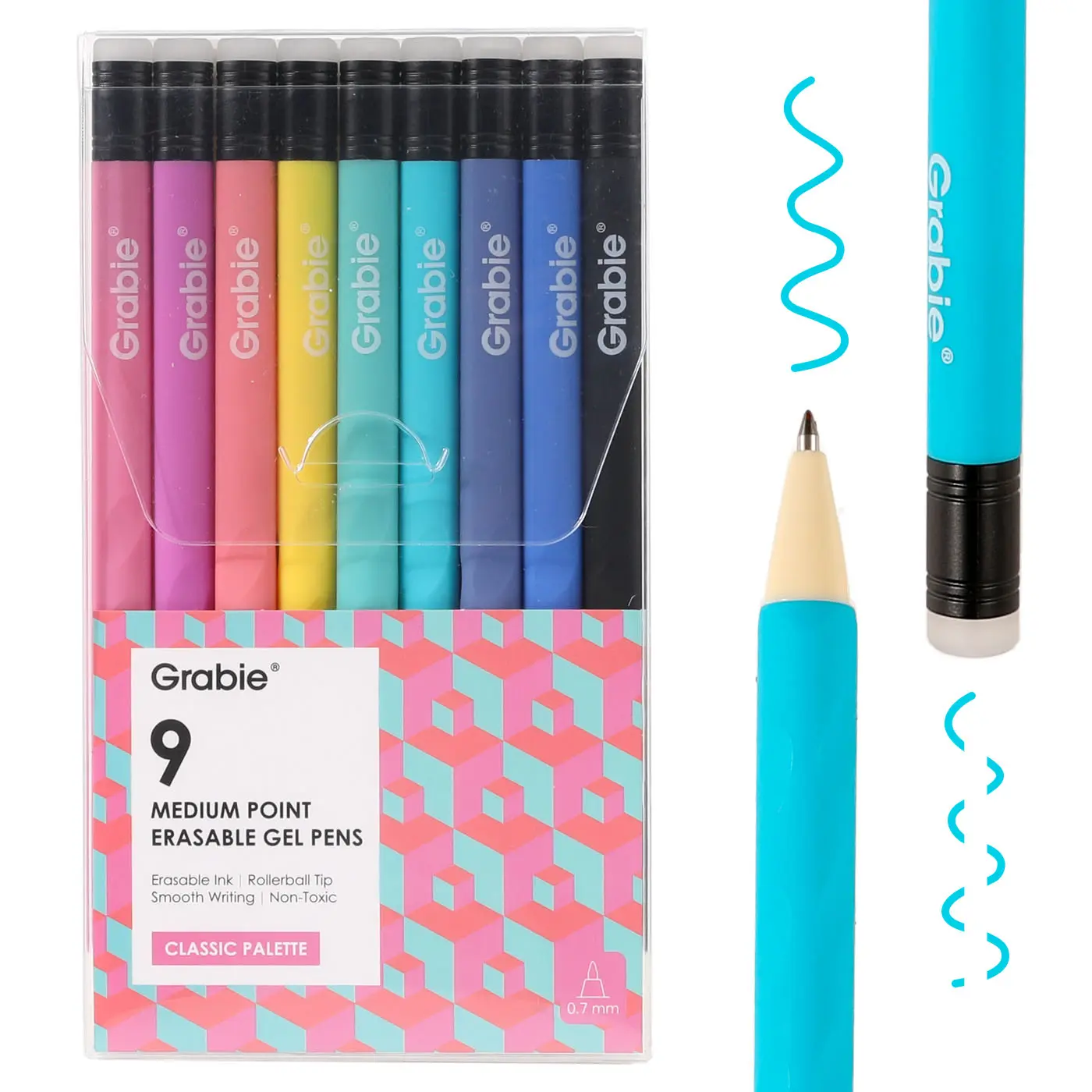 Grabie 9-Piece Medium Point (0.6mm) Erasable Gel Pen Set - Colored Pens for Note Taking, Stationery Supplies, College Supplies, Smooth Writing Ink, Back to School Haul Gift, Office Accessories