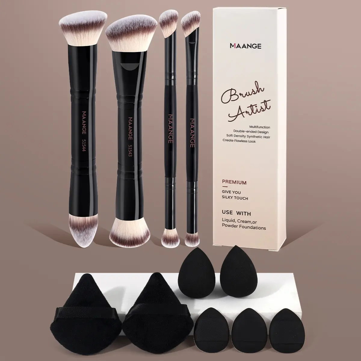 MAANGE 11pcs Makeup Tools, Cosmetic Tools Including 4pcs Makeup Brushes +7pcs Powder Puff Accessories, Makeup Brushes Set, Foundation, Contour, Powder, Eyeshadow Brushes, Makeup Brushes for Professionals and Beginners